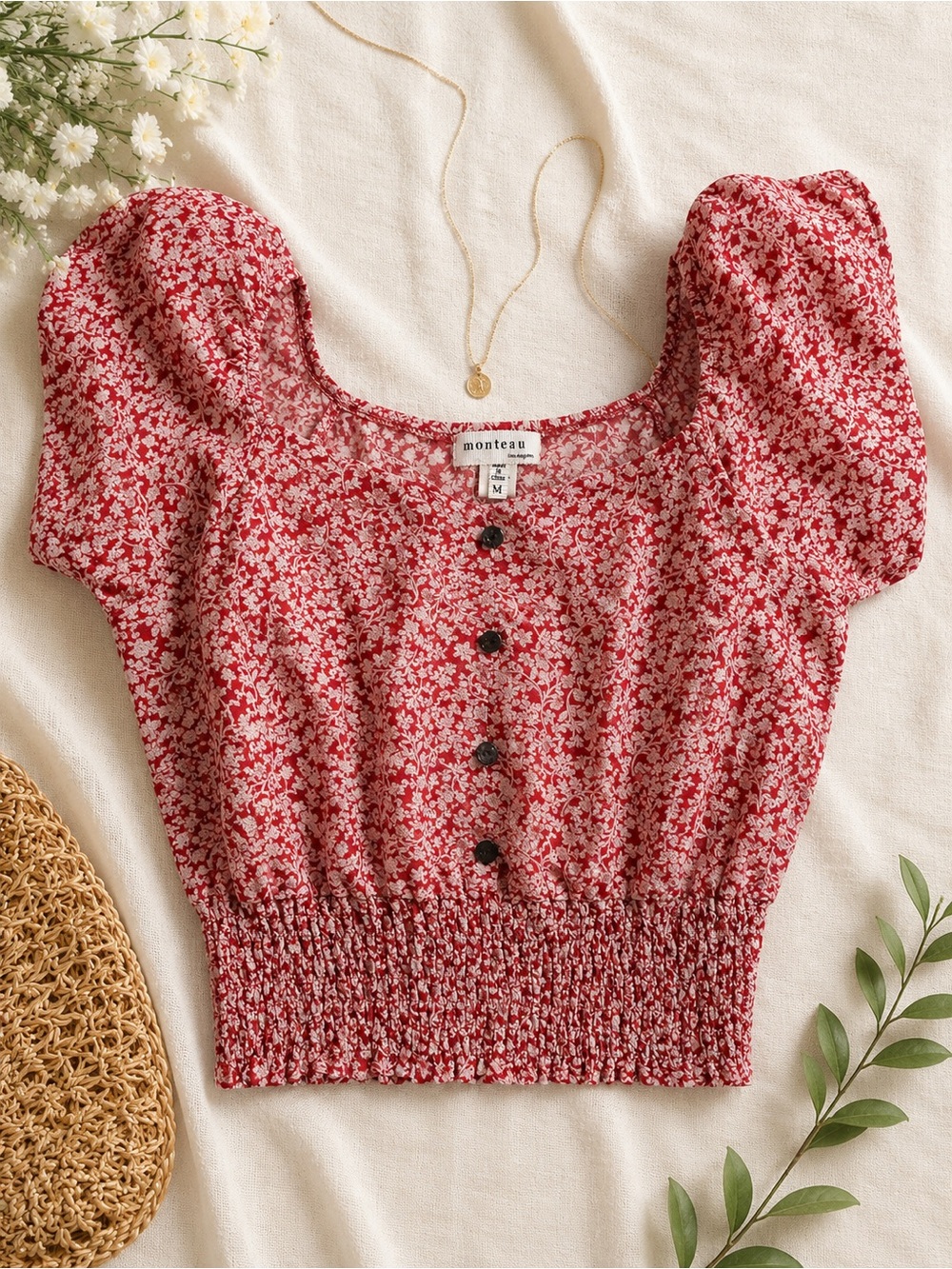 Monteau Floral Button-Front Crop Top - Flutter